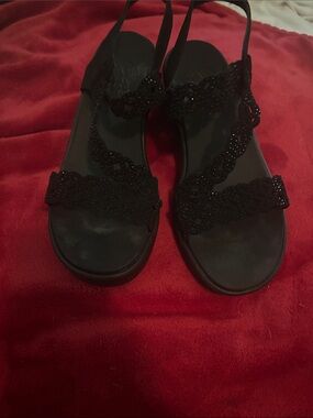 Women's Black Lace-Trim Wedge Sandals
